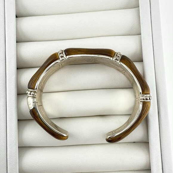 Whitney Kelly Bracelet Cuff Tigers Eye Bamboo Hinged Sterling Silver 54g QVC - Picture 6 of 13